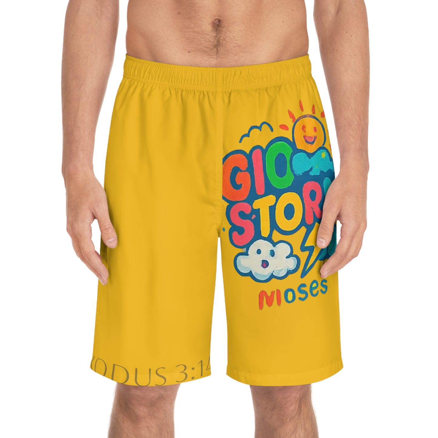 Styled to Storm Men's Board Shorts with Fun Design, Summer Swim Shorts, Beachwear, Casual Shorts, Gift for Him, Vibrant Swim Trunks, Exodus 3:14